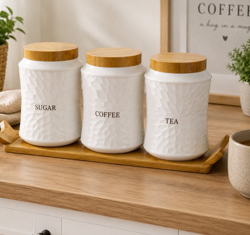 Shallow Porcelain 3-Piece Canister Set with Bamboo Stand, White & Brown Ceramic Kitchen Storage Jars with Bamboo Lids, 39 x 11.5 x 16 cm, Tea Coffee Sugar Container Set - Image 2