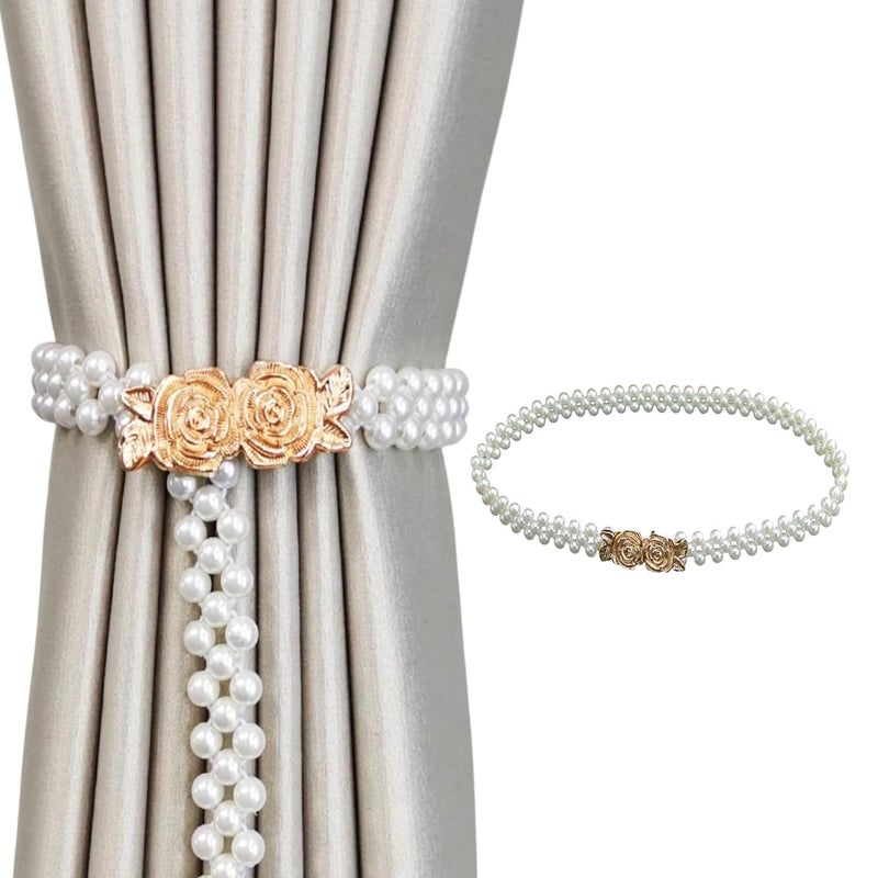 REDHORNS REDHORNS Curtain Tieback Adjustable Decorative Rose Flower Design Beaded Curtain Tiers Rope Belt Curtain Holders Tieback for Window Drapries Curtain Straps Curtain Clip Buckle White Pack of 2  - Image 1
