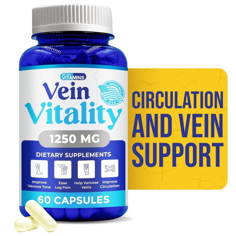 We Like Vitamins Vein Vitality 1250mg Diosmin Hesperidin Complex for Varicose Veins Treatment with Horse Chestnut Butchers Broom Bioflavonoids Supports Blood Circulation for Healthy Leg Veins 60 Capsules