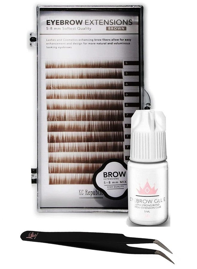 KC Republic Lash Eyebrow Extensions Kit with 1 x Trays of Mink False Eyebrows in Brown Comes on Mixed Length Trays 5-8 Mm Mix, Eyebrow Glue Clear & Extension Tweezers (Brown, Black Tweezer) - Image 1