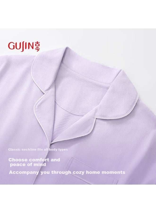 Gujin 100% Cotton Uni Pajama Set Long Sleeve Lapel Cardigan And Pants Casual Homewear Couples Outfit - Image 1