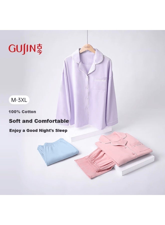 Gujin 100% Cotton Uni Pajama Set Long Sleeve Lapel Cardigan And Pants Casual Homewear Couples Outfit - Image 4