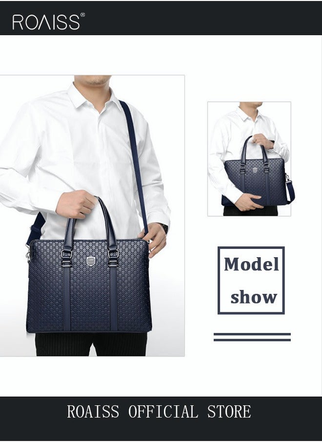 roaiss - Classic Briefcase Textured Leather Laptop Messenger Bag for Men Travel Business Leather Lawyers Briefcase Shoulder Laptop Slim Bags Dark Blue - Image 1