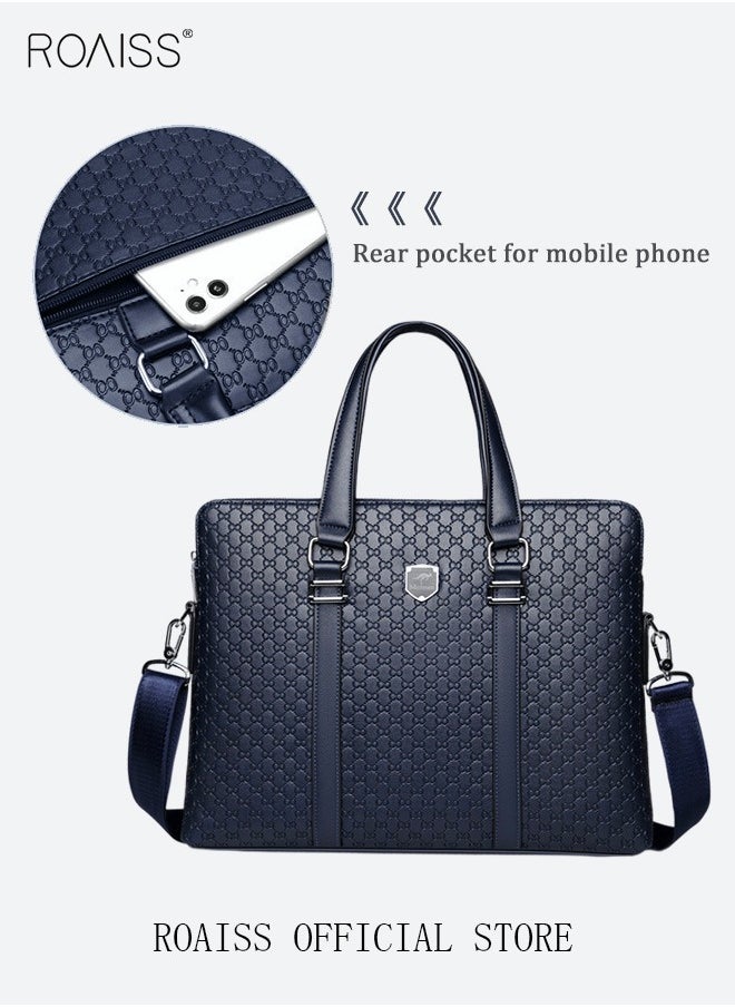roaiss - Classic Briefcase Textured Leather Laptop Messenger Bag for Men Travel Business Leather Lawyers Briefcase Shoulder Laptop Slim Bags Dark Blue - Image 1