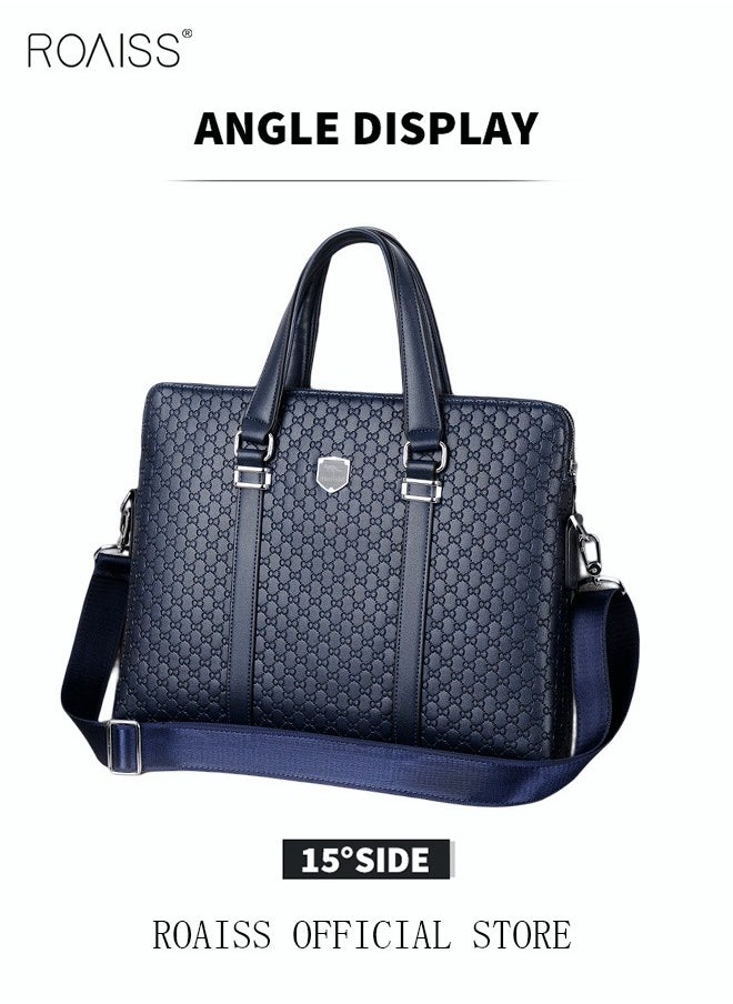 roaiss - Classic Briefcase Textured Leather Laptop Messenger Bag for Men Travel Business Leather Lawyers Briefcase Shoulder Laptop Slim Bags Dark Blue - Image 1