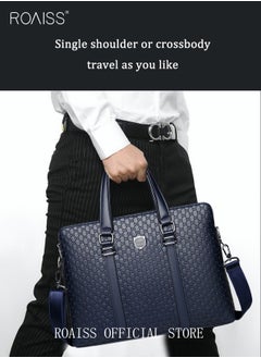 roaiss Classic Briefcase Textured Leather Laptop Messenger Bag for Men Travel Business Leather Lawyers Briefcase Shoulder Laptop Slim Bags Dark Blue  - Image 2