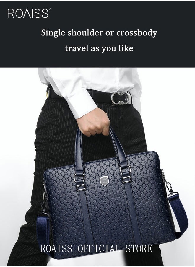 roaiss - Classic Briefcase Textured Leather Laptop Messenger Bag for Men Travel Business Leather Lawyers Briefcase Shoulder Laptop Slim Bags Dark Blue - Image 1