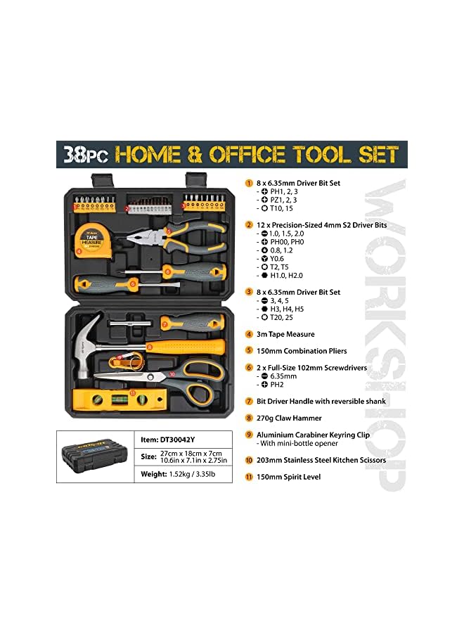 Hi-Spec 38 Piece Home & Office Tool Kit Set. Complete Set of Repair & Maintenance Hand Tools with Hammer, Pliers & Screwdrivers. Carried in a Portable Box Carry Case - Image 3