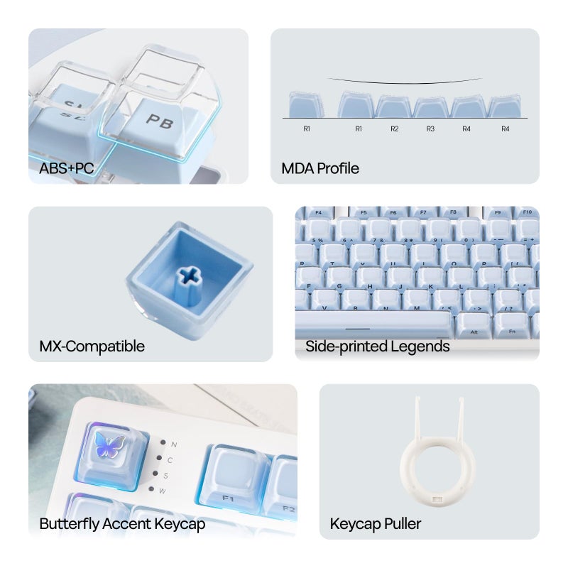 EPOMAKER Lusterfly Jelly Keycaps Set - 123 Keys Double-Shot Laser Engraved, MDA Profile, ABS+PC, Non-Shine-Through, MX-Compatible for 61/68/84/87/98/100/104-Key Mechanical Keyboard (Blue) - Image 3