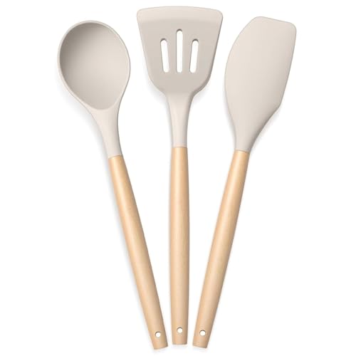 AADHIK Silicone Spatula Set of 3, Spatula Set with Wooden Handle for Cooking and Mixing, for Non Stick Pan, Kitchen Tools (White) - Image 1