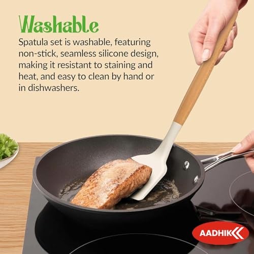 AADHIK Silicone Spatula Set of 3, Spatula Set with Wooden Handle for Cooking and Mixing, for Non Stick Pan, Kitchen Tools (White) - Image 5