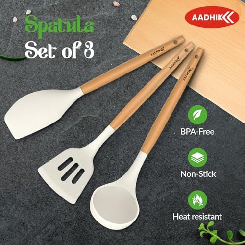 AADHIK Silicone Spatula Set of 3, Spatula Set with Wooden Handle for Cooking and Mixing, for Non Stick Pan, Kitchen Tools (White) - Image 2