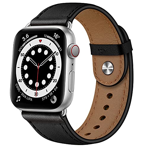 OUHENG Leather Bands Compatible with Apple Watch Band 42mm/41mm/40mm/38mm, Genuine Leather Replacement Strap for iWatch SE3 SE2 SE Series 11 10 9 8 7 6 5 4 3 2 1 (Black/Silver) - Image 1