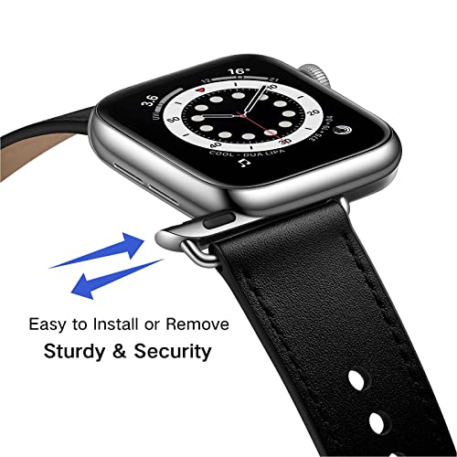 OUHENG Leather Bands Compatible with Apple Watch Band 42mm/41mm/40mm/38mm, Genuine Leather Replacement Strap for iWatch SE3 SE2 SE Series 11 10 9 8 7 6 5 4 3 2 1 (Black/Silver) - Image 2