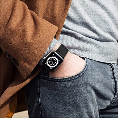 OUHENG Leather Bands Compatible with Apple Watch Band 42mm/41mm/40mm/38mm, Genuine Leather Replacement Strap for iWatch SE3 SE2 SE Series 11 10 9 8 7 6 5 4 3 2 1 (Black/Silver) - Image 4