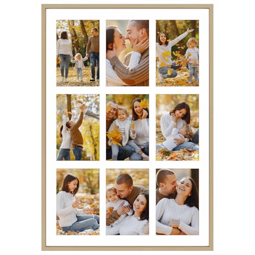 Frametory - 13.6x19.7 Aluminum Collage Picture Frame - Display 4x6 Pictures with 9 Openings Mat - Real Glass Front - Horizontal/Vertical Wall Mount - Gold 1 Pack - Image 1