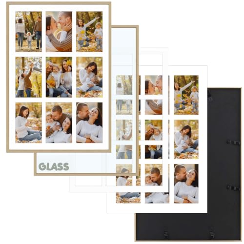 Frametory - 13.6x19.7 Aluminum Collage Picture Frame - Display 4x6 Pictures with 9 Openings Mat - Real Glass Front - Horizontal/Vertical Wall Mount - Gold 1 Pack - Image 3