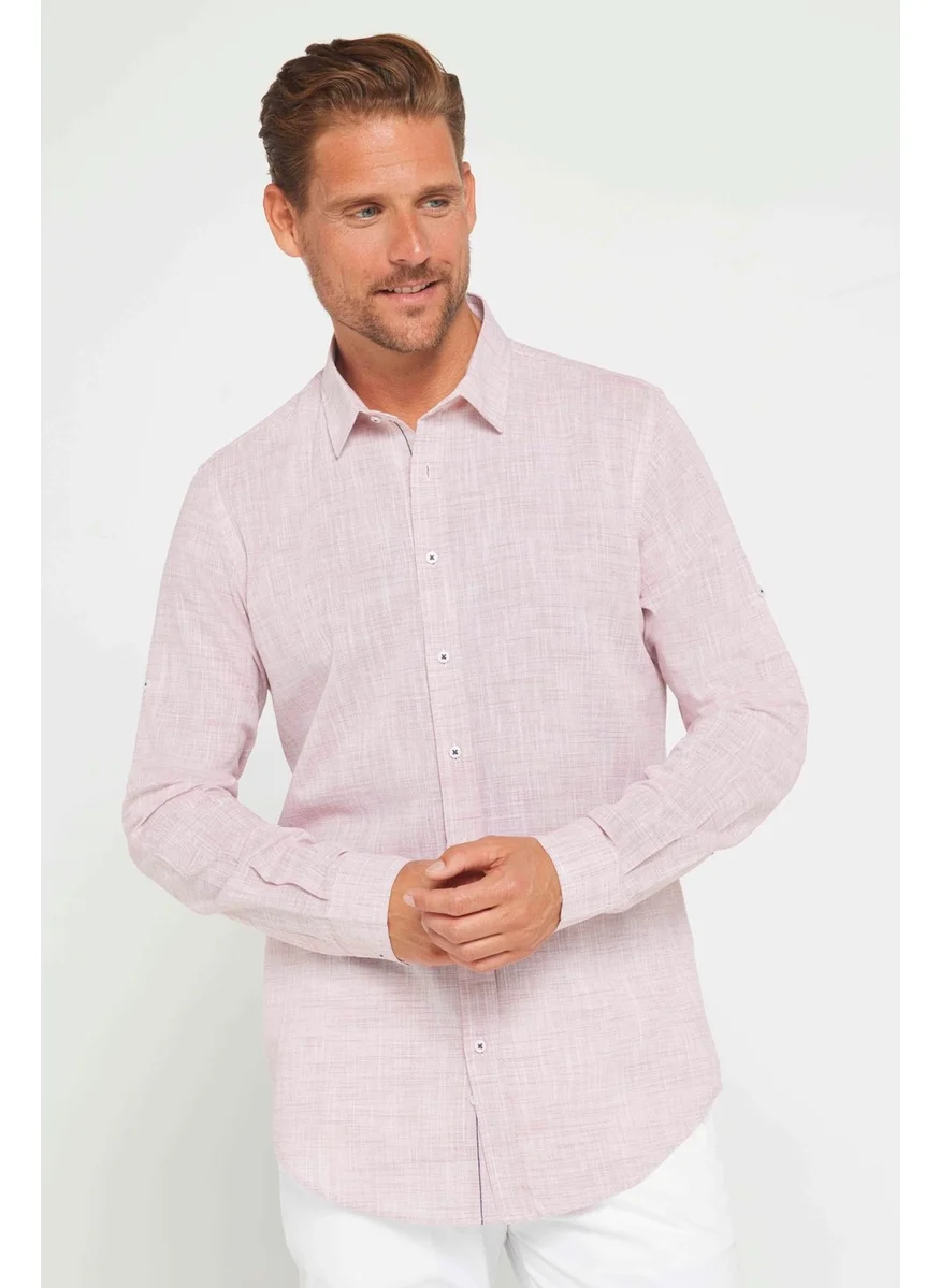 Tudors Men's Slim Fit Slim Fit Long Sleeve Cotton Linen Texture Burgundy Shirt with Epaulettes