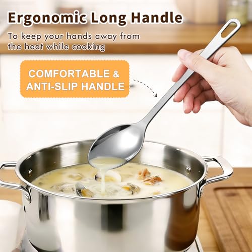 MemoGem 2 Pcs Stainless Steel Cooking Spoons Set, Solid & Slotted Metal Serving Spoons, Heavy Duty Sturdy Large Soup Ladle, High Heat Resistant Kitchen Cooking Utensils for Mixing, Stirring, Easy to Clean - Image 4