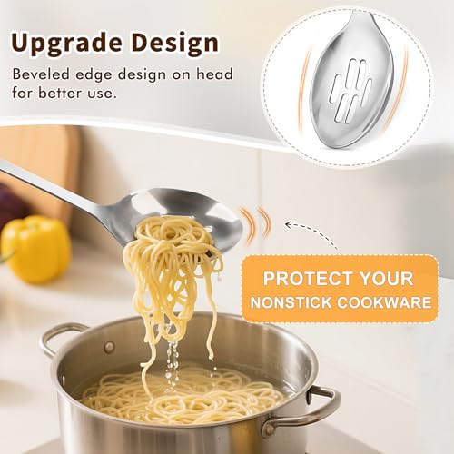 MemoGem 2 Pcs Stainless Steel Cooking Spoons Set, Solid & Slotted Metal Serving Spoons, Heavy Duty Sturdy Large Soup Ladle, High Heat Resistant Kitchen Cooking Utensils for Mixing, Stirring, Easy to Clean - Image 3