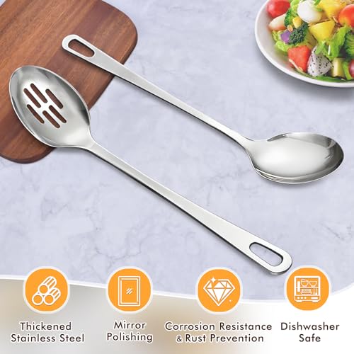 MemoGem 2 Pcs Stainless Steel Cooking Spoons Set, Solid & Slotted Metal Serving Spoons, Heavy Duty Sturdy Large Soup Ladle, High Heat Resistant Kitchen Cooking Utensils for Mixing, Stirring, Easy to Clean - Image 2