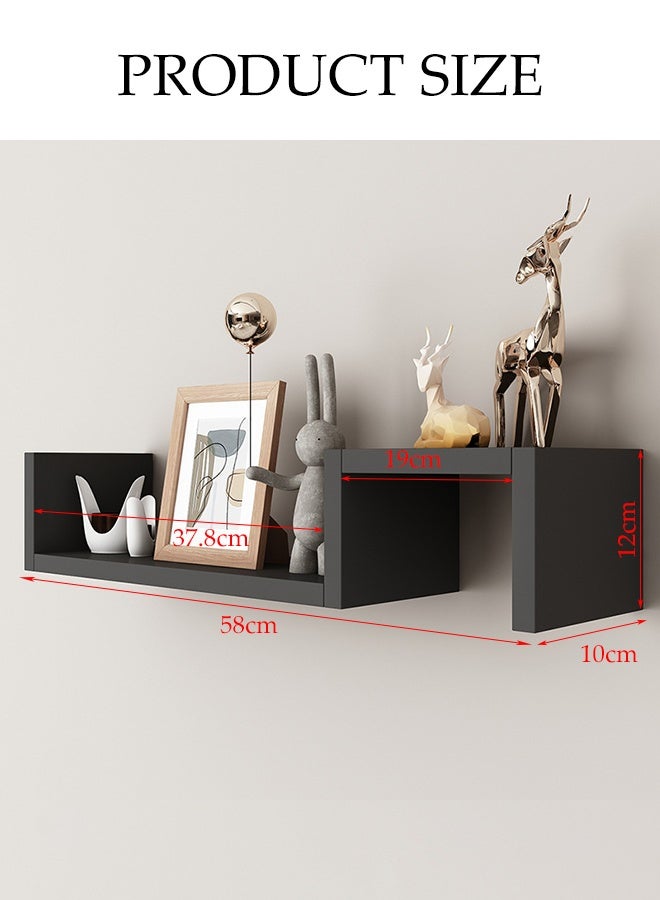 DUNISO رفوف عائمة بطبقتين، رفوف حائط زخرفية، رف تخزين خشبي، تركيبة مجانية، مناسبة لغرفة المعيشة، غرفة النوم، الحمام، أسود - Image 2