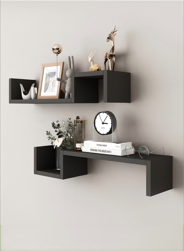 DUNISO رفوف عائمة بطبقتين، رفوف حائط زخرفية، رف تخزين خشبي، تركيبة مجانية، مناسبة لغرفة المعيشة، غرفة النوم، الحمام، أسود - Image 1