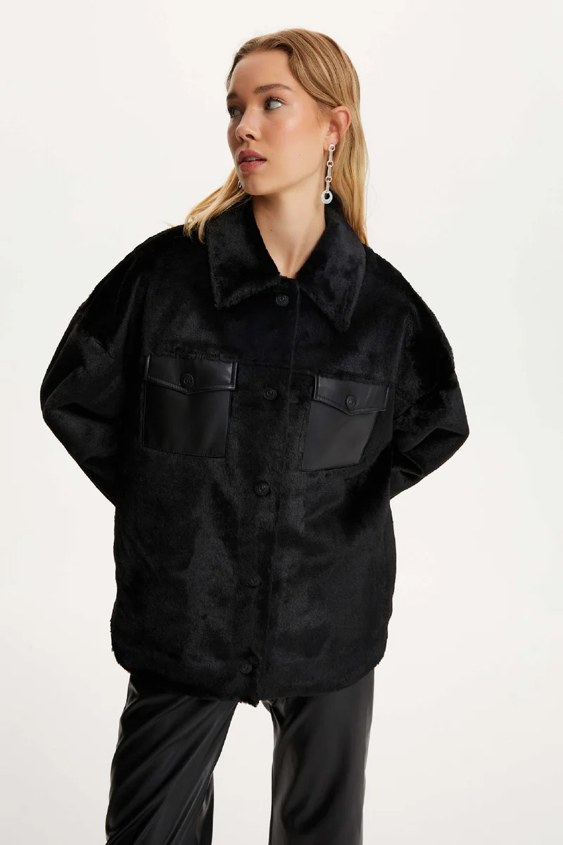 نوكتورن جاكيت فرو صناعي بياقة مطوية