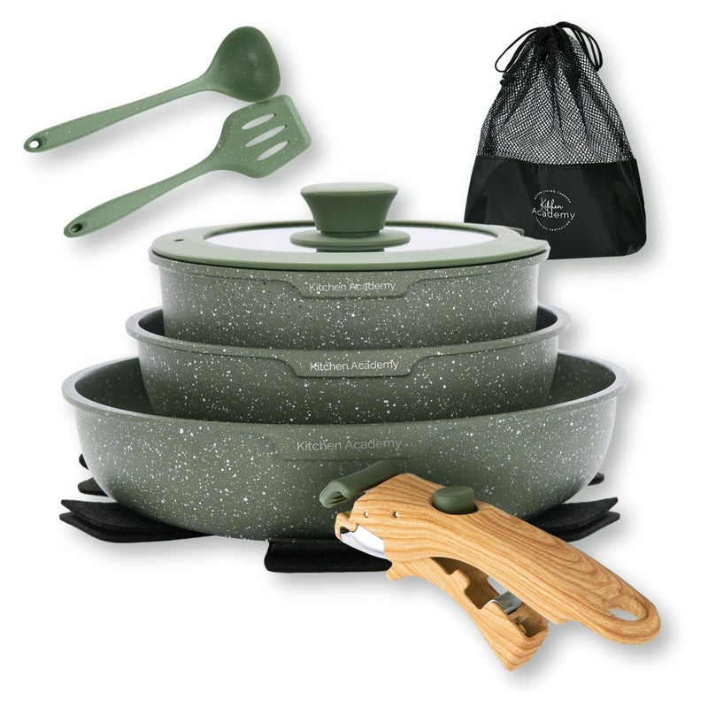 Kitchen Academy Removable Handle Pots and Pans Set - 10 Pieces Green Cookware Set with Removable Handle, RV Induction Cookware Set for Camp - Image 1