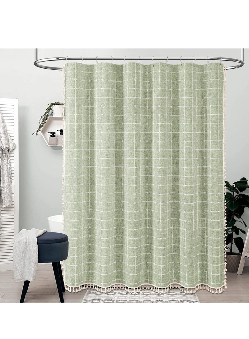 SYOSI Linen Farmhouse Shower Curtain with Tassel, Rustic Heavy Duty Fabric Set, Water Repellent, Bohemian Vintage Country Design, Thick Cloth Bathroom Shower Curtains, Sage Green, 72x72 - Image 2