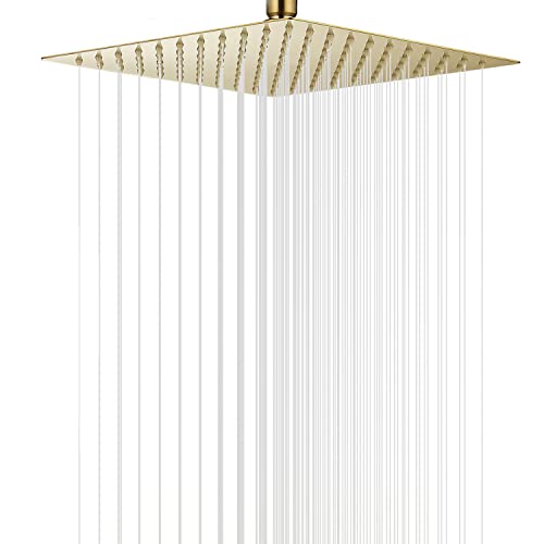 GGStudy High Pressure Square Shower Head 12 Inches Large Stainless Steel Shower Heads Ultra Thin Rainfall Bath Shower 1/2 Connection Brushed Gold Shower Head - Image 1