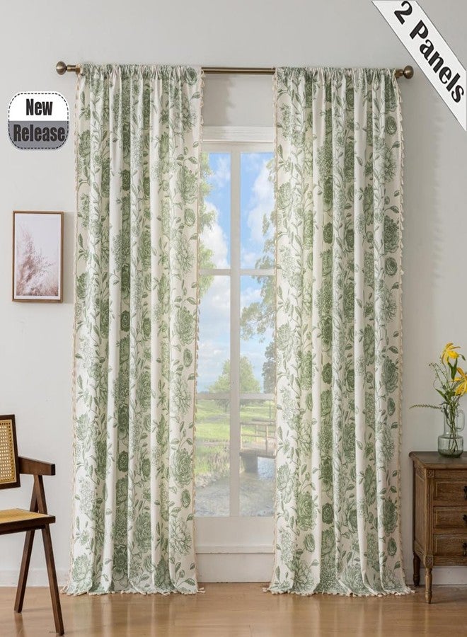 F-CHU Sage Green Floral Curtains Living Room Drapes 84 Inch Length Cotton Linen Boho Window Curtain with Tassel Rod Pocket Bedroom Macrame Drapes Flower Curtains, 2 Panel Sage Green - Image 2