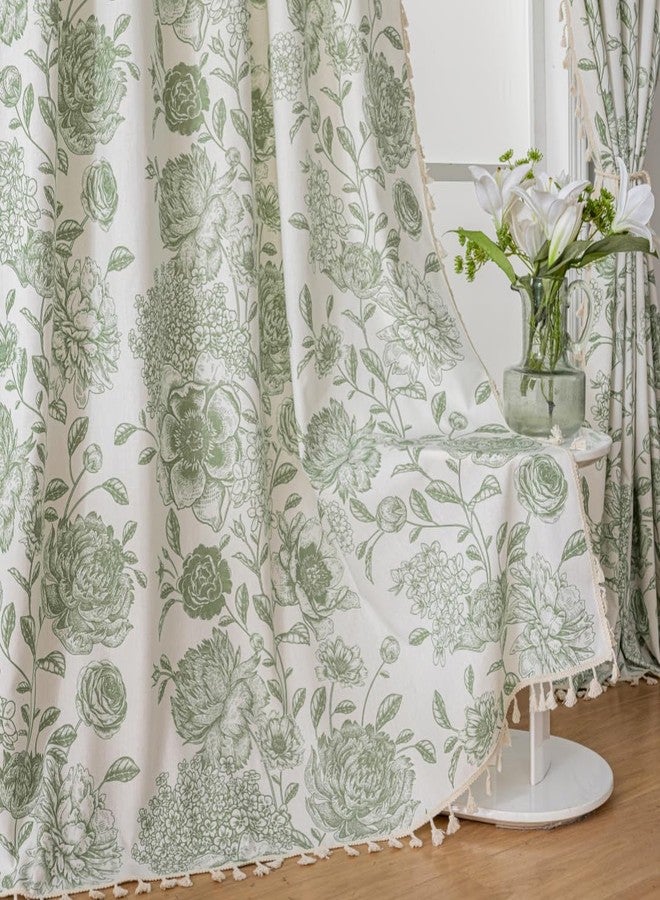F-CHU Sage Green Floral Curtains Living Room Drapes 84 Inch Length Cotton Linen Boho Window Curtain with Tassel Rod Pocket Bedroom Macrame Drapes Flower Curtains, 2 Panel Sage Green - Image 3
