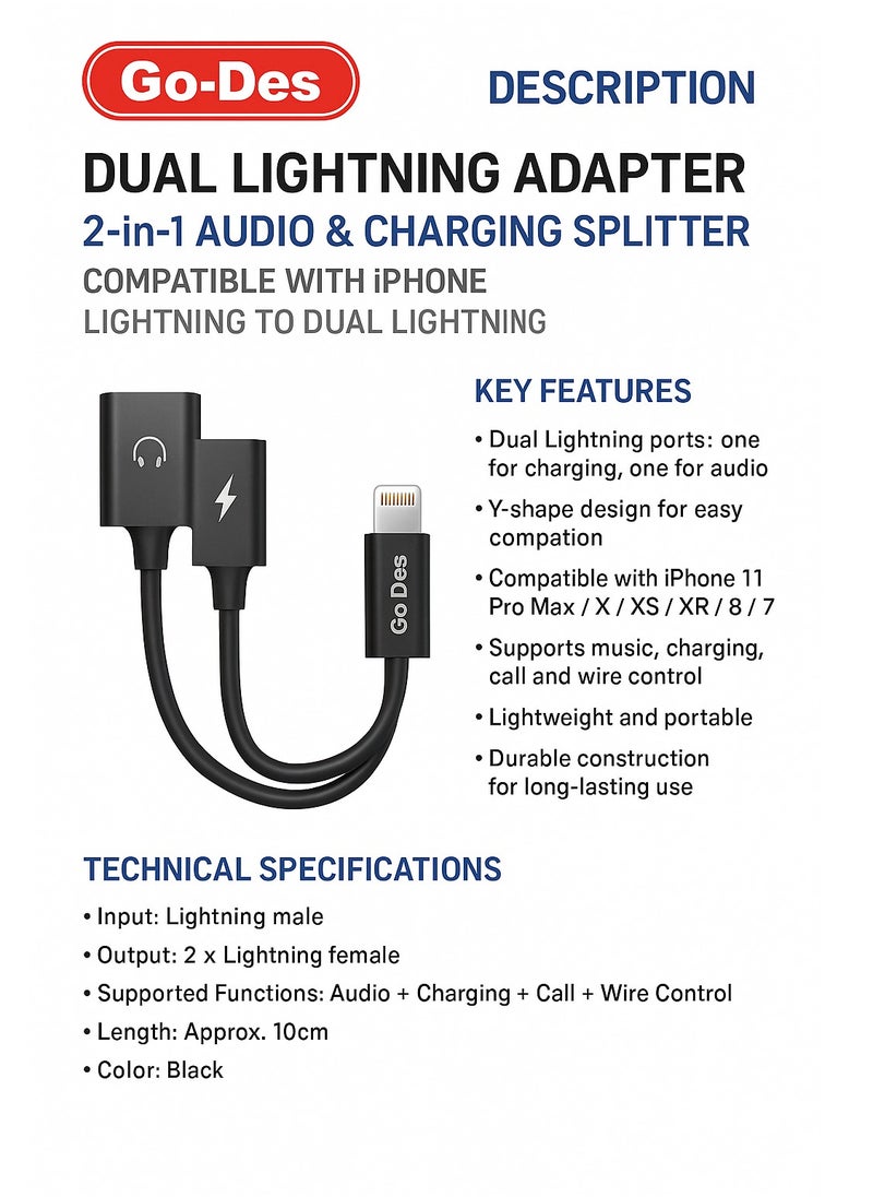 Dual Lightning Adapter – 2-in-1 Audio & Charging Splitter – Compatible with iPhone – Lightning to Dual Lightning