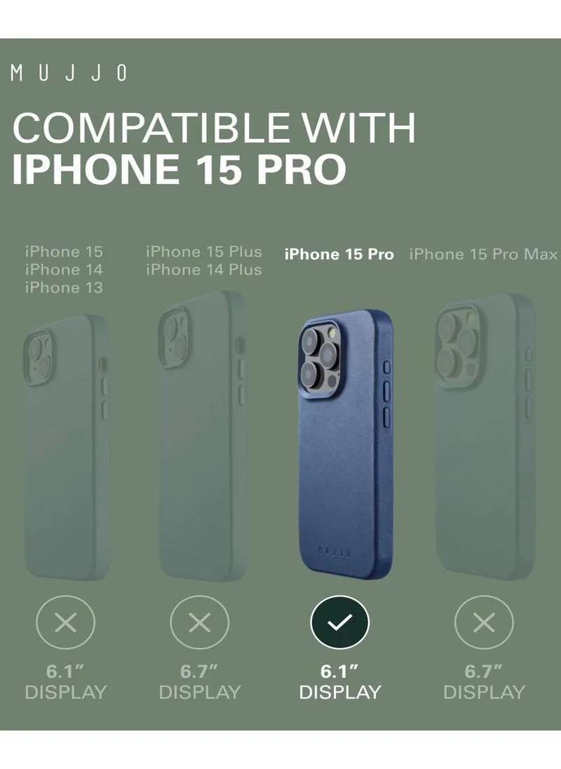 موجو حافظة جلدية Mujjo لهاتف iPhone 15 Pro - حافظة جلدية، متوافقة مع MagSafe، جلد أوروبي فاخر، مظهر نحيف وأنيق، حماية معززة لعدسات الهاتف والكاميرا، مواد معاد تدويرها (أزرق موناكو)