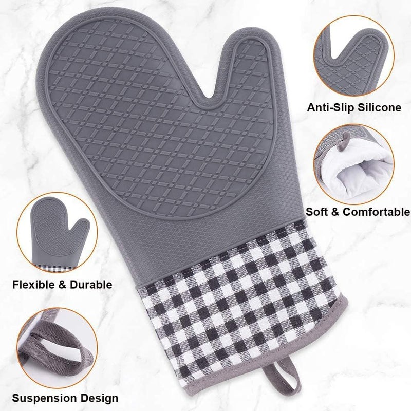 Silicone Oven Mitts and Pot Holders Set - Heat Resistant Kitchen Baking Gloves in Grey - Image 4