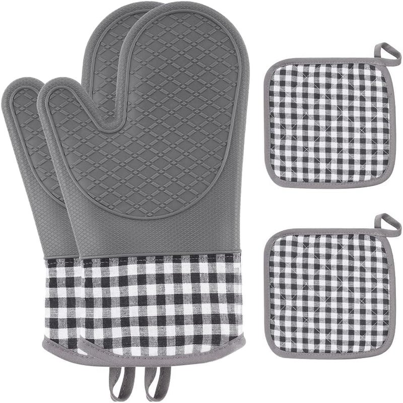 Silicone Oven Mitts and Pot Holders Set - Heat Resistant Kitchen Baking Gloves in Grey - Image 1