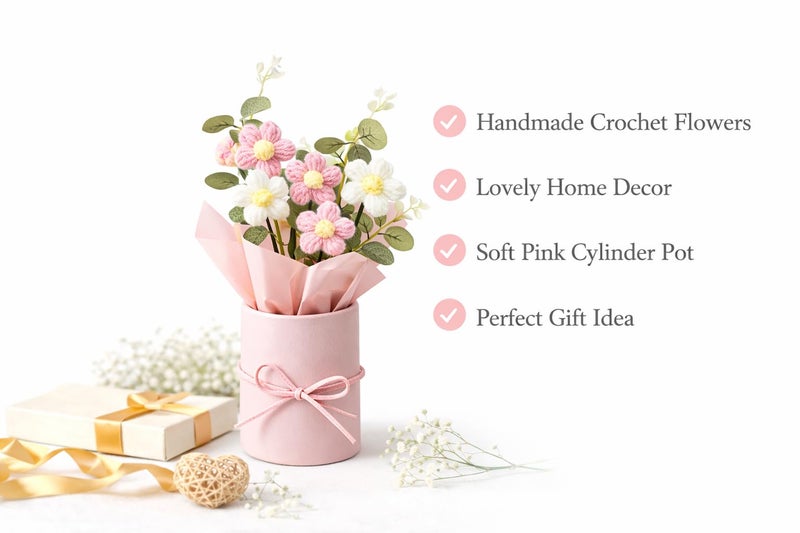 QLECT Home Decor Artificial Crochet Flower Bouquet/Artificial Flowers Bunch/Crochet Flowers Bouquet/Crochet Flowers/Flowers Bouquet Gift for Girls Home Decor,Gifting,etc. (Pink Daisy Bouquet) - Image 2