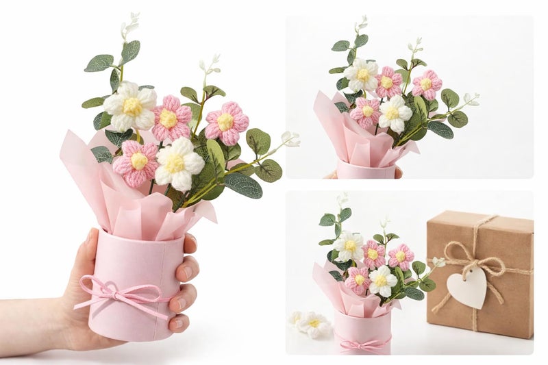 QLECT Home Decor Artificial Crochet Flower Bouquet/Artificial Flowers Bunch/Crochet Flowers Bouquet/Crochet Flowers/Flowers Bouquet Gift for Girls Home Decor,Gifting,etc. (Pink Daisy Bouquet) - Image 4