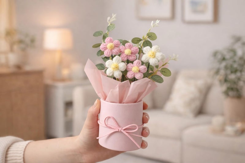 QLECT Home Decor Artificial Crochet Flower Bouquet/Artificial Flowers Bunch/Crochet Flowers Bouquet/Crochet Flowers/Flowers Bouquet Gift for Girls Home Decor,Gifting,etc. (Pink Daisy Bouquet) - Image 1