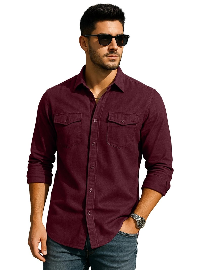 Veirdo® Men's Pure Cotton Utility Shirt | Full Sleeve Casual Button-Down with Dual Chest Pockets | Stylish & Comfortable Everyday Wear | VD_FS_RC_SH_MRN_S Maroon - Image 1