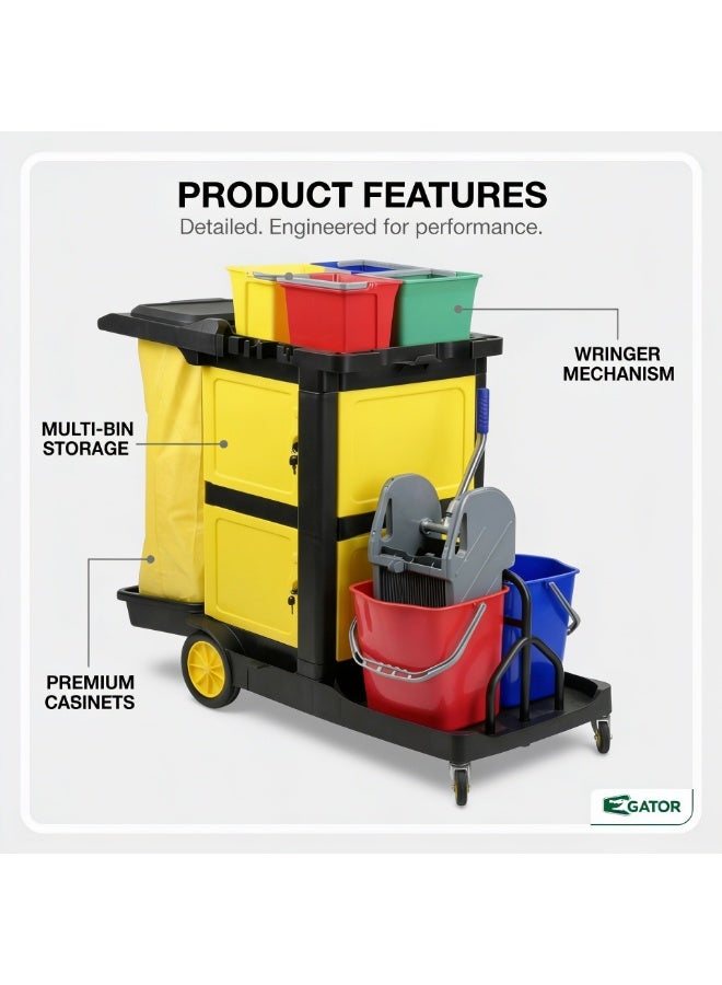 Gator Multifunction Cleaning Trolley with Bag & Storage Platform | Professional Janitor Cart for Facilities, Hotels & Malls | Black - Image 2