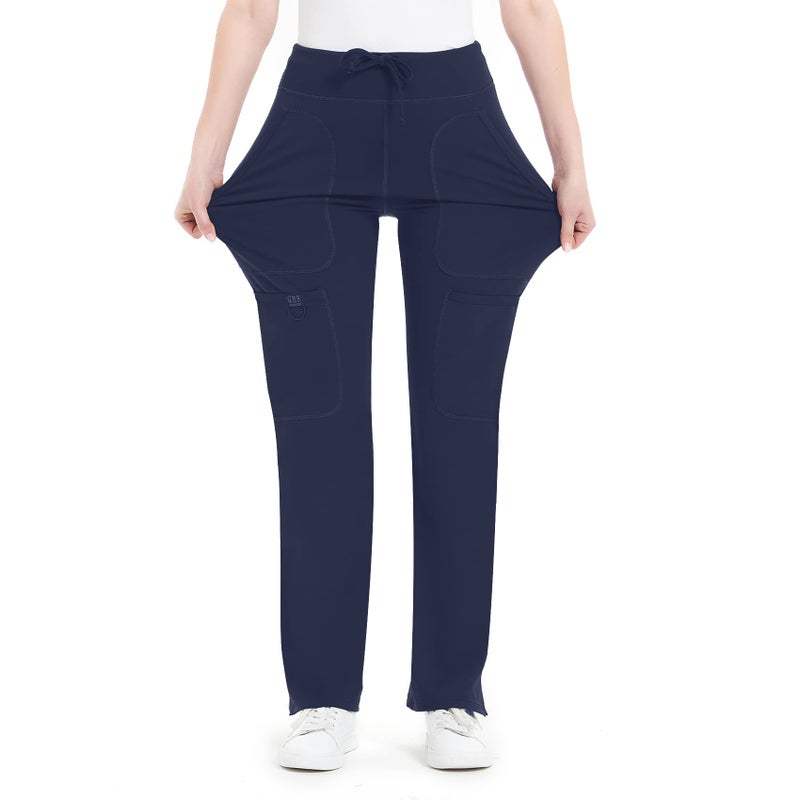 QBK Yoga Scrub Pants Women Mid Rise Yoga Work Pants- Five Pocket Cargo Scrub Pant (Small, Navy) - Image 1