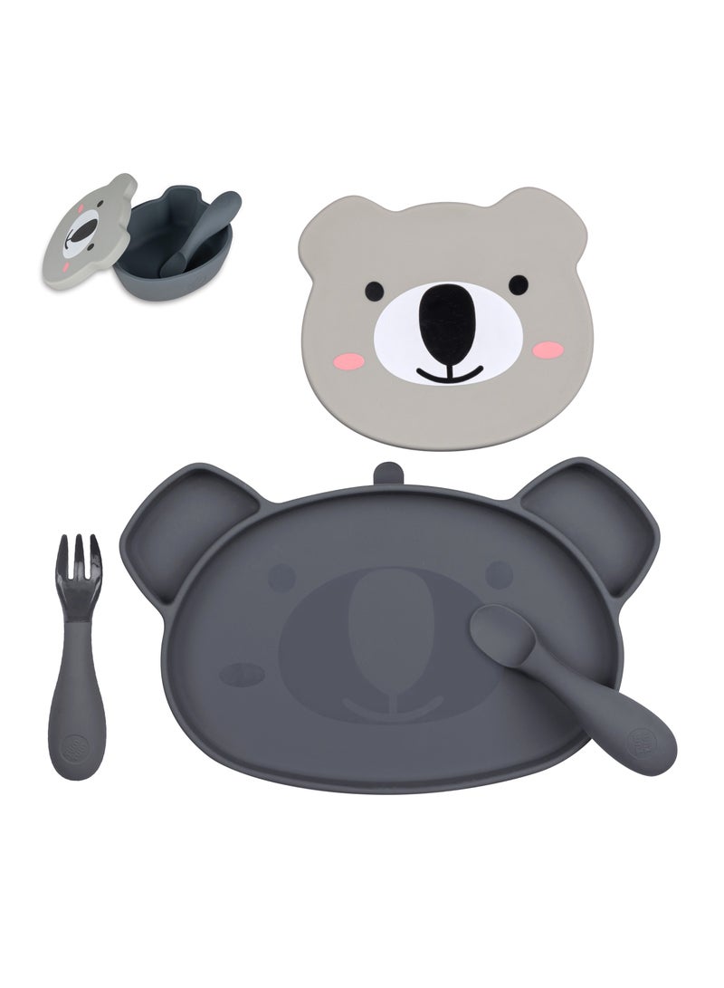 TUM TUM Baby Dinner Set for Weaning, Includes Silicone Suction Plate & Bowl, Baby Cutlery, 6 Months Plus, Dishwasher Safe, BPA Free (Grey) - Image 1