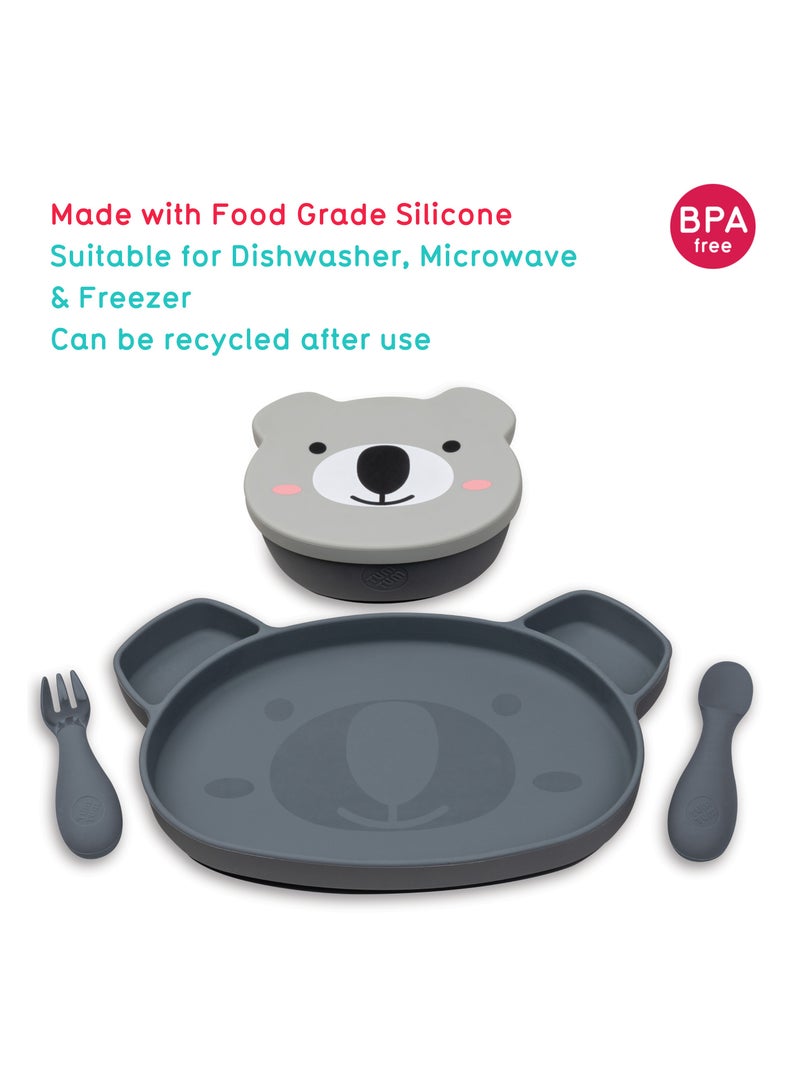 TUM TUM Baby Dinner Set for Weaning, Includes Silicone Suction Plate & Bowl, Baby Cutlery, 6 Months Plus, Dishwasher Safe, BPA Free (Grey) - Image 2
