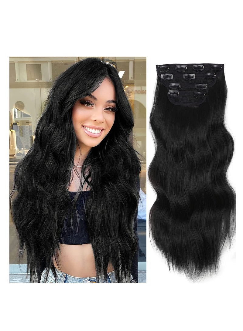 Zikra Clip in Long Soft Glam Waves Thick Hairpieces Black Hair Extensions Synthetic Fiber Double Weft, Extension for Women Natural Synthetic Clip in Extensions for Women Full Head 4PCS - Image 1