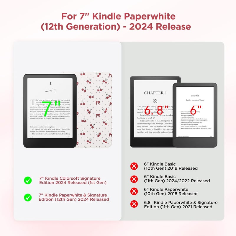 SESENSE Detachable Magnetic Case for 7'' Kindle Paperwhite 12th Gen 2024 and Kindle Colorsoft Signature Edition, Slim PU Shell Cover Case with Auto Wake/Sleep, Cherry - Image 2