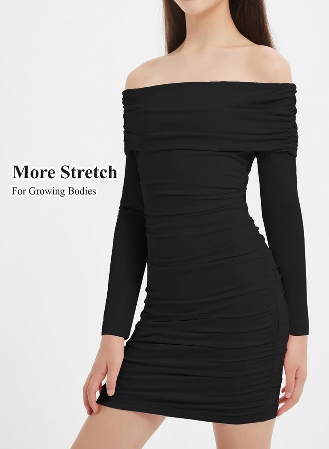 EXARUS Girls Dress Off The Shoulder Bodycon/Bubble Long Sleeve Teen Ruched Homecoming Dance Party Prom Tween Dresses, Off the Shoulder Bodycon Black, 10 Years - Image 2