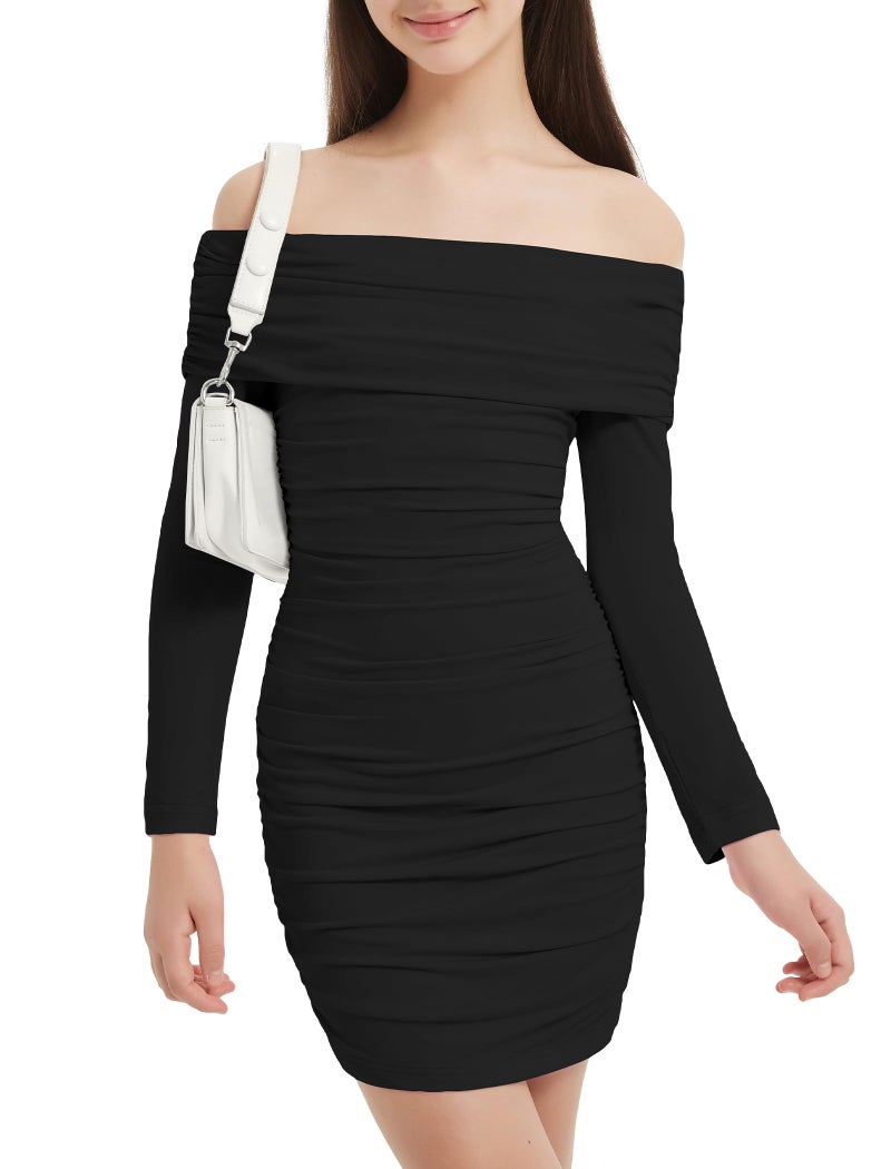 EXARUS Girls Dress Off The Shoulder Bodycon/Bubble Long Sleeve Teen Ruched Homecoming Dance Party Prom Tween Dresses, Off the Shoulder Bodycon Black, 10 Years - Image 1