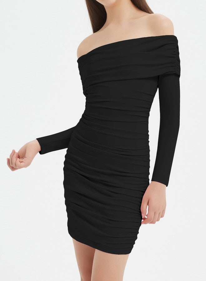 EXARUS Girls Dress Off The Shoulder Bodycon/Bubble Long Sleeve Teen Ruched Homecoming Dance Party Prom Tween Dresses, Off the Shoulder Bodycon Black, 10 Years - Image 5